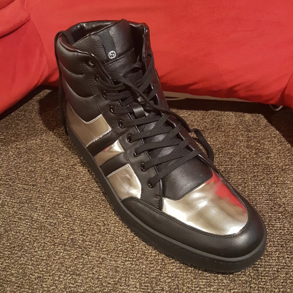 Silver and Black Leather Gucci Men Sneakers